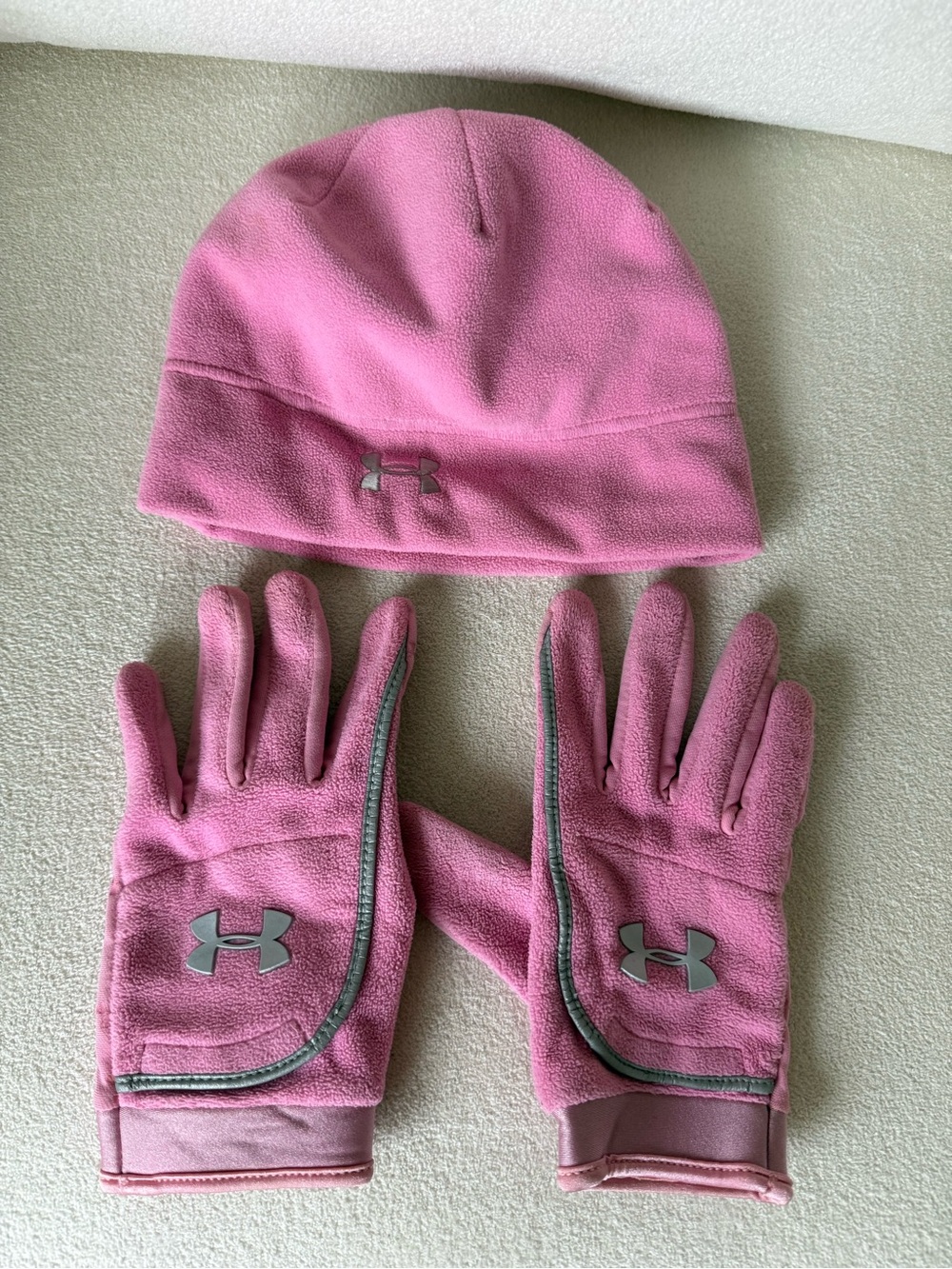 Under Armour Pink Fleece Hat and Gloves Set with Reflective Logo
